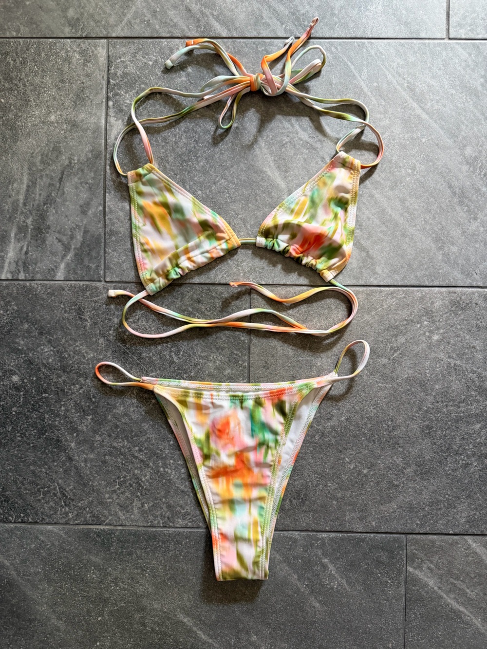 Women’s Multicolor Tie-Dye Triangle Bikini Set - Green, Orange & Pink